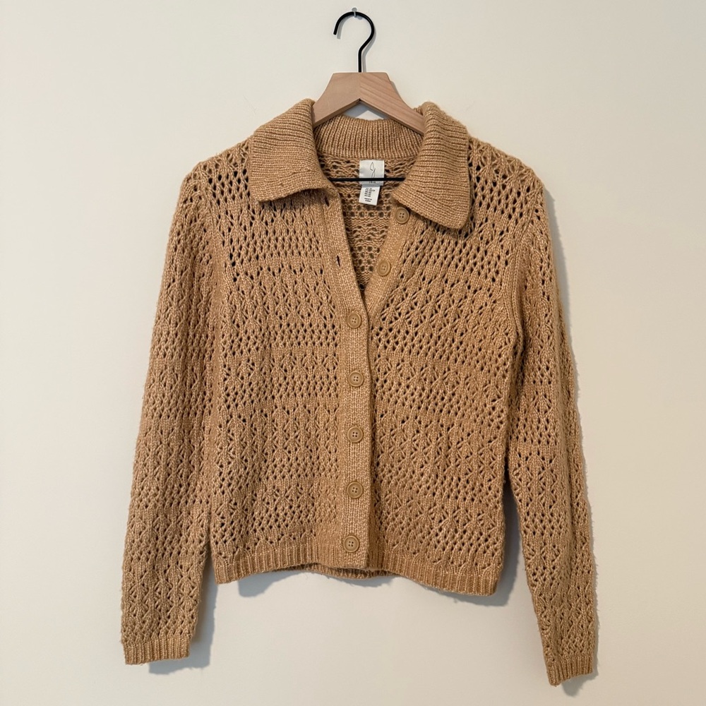 Joie Crochet Open Knit Collared Button Down Cardigan in Tan Brown Size XS